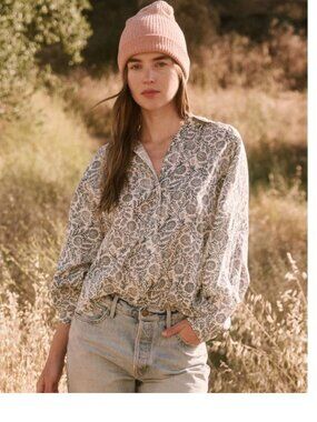 The Great. The Estate Button Up in Feather Grass Block Print Blue Sz 1 (S)